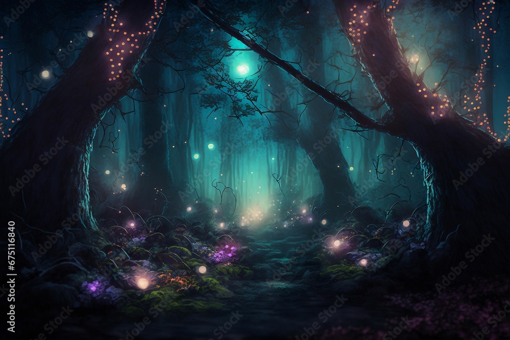 AI-generated illustration of a forest at night, with lights on the branches