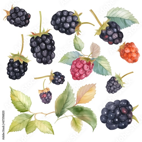 Blackberry in watercolor collection with flower and leaf with branch