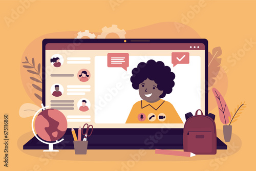 Laptop with video chat. Cute girl communicates with classmates or friends. Online webinar, learning from home. Smart schoolgirl on screen. Internet education. Video conversation,