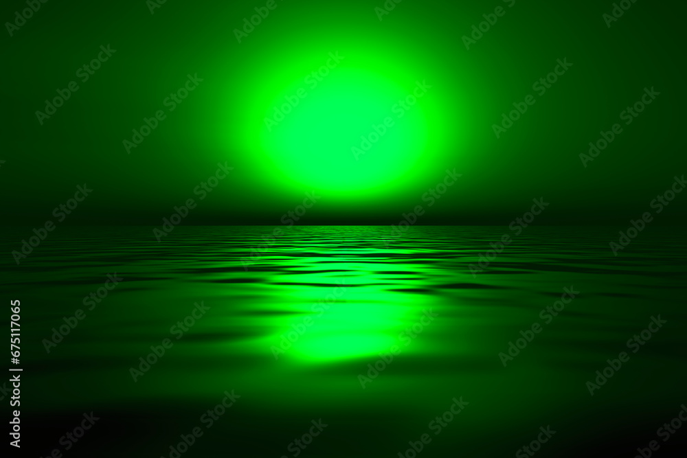 An abnormal green glow in the sky above the surface of the ocean.