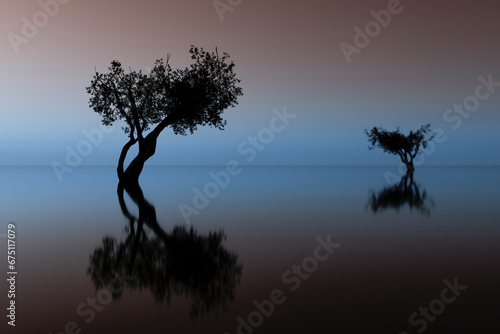 Trees on the water. Illustration in the form of abstraction.