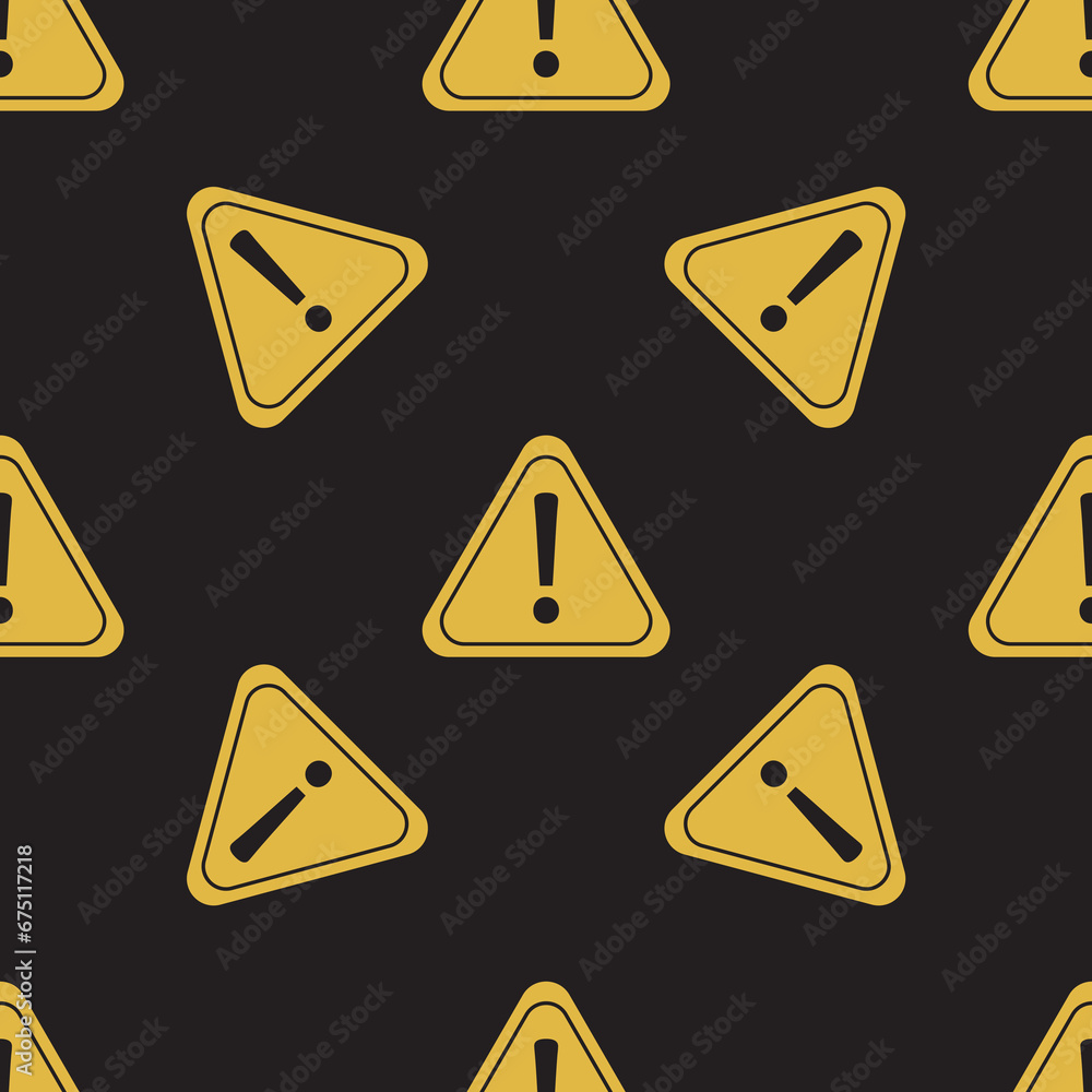 Hazard warning attention sign seamless pattern isolated on black background. Texture with yellow prohibition triangular signs. Restrictions, ban. Decoration, wallpaper. Hazard warning attention sign seamless pattern isolated on black background. Texture with yellow prohibition triangular signs. Restrictions, ban. Decoration, wallpaper.
