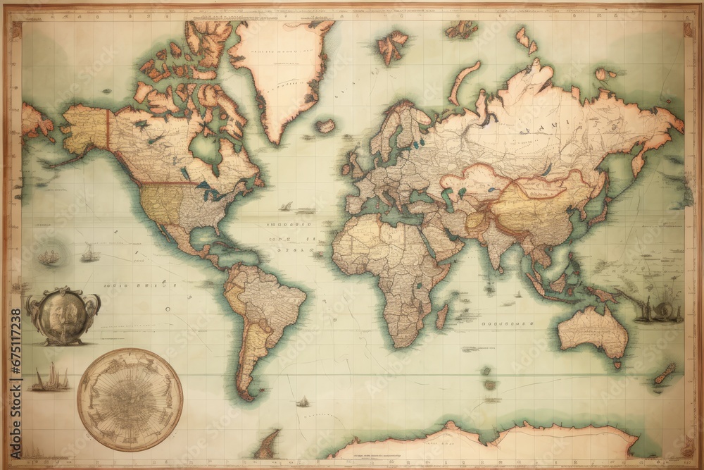 Vintage map of the world on old paper. Sepia toned, Old Antique World Map on Mercators Projection, AI Generated