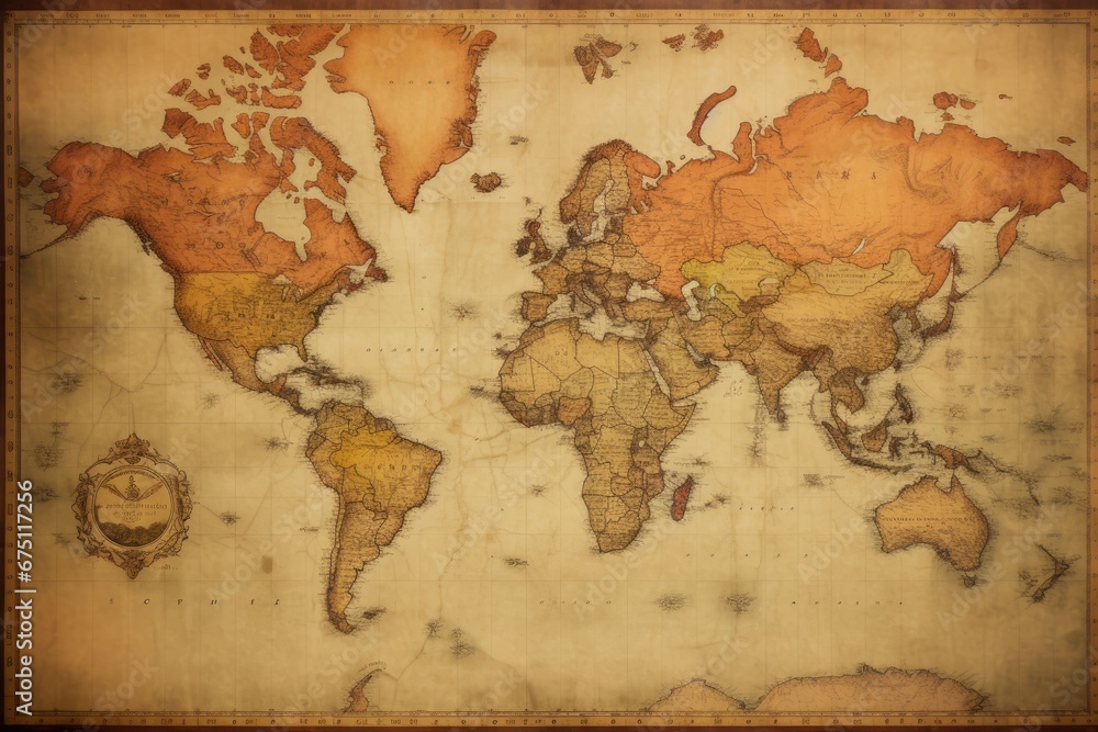 Naklejka premium old map of the world on old vintage paper with grunge texture, Old Antique World Map on Mercators Projection, AI Generated