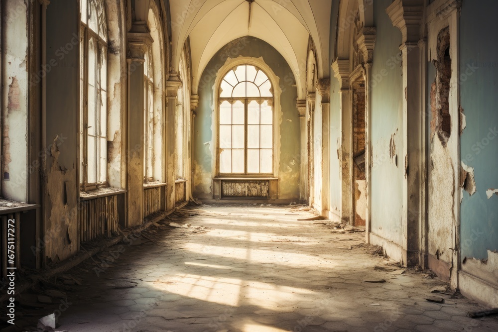 Interior of an old abandoned building with a window in the foreground, Old empty corridor. Vintage abandoned building with window, AI Generated