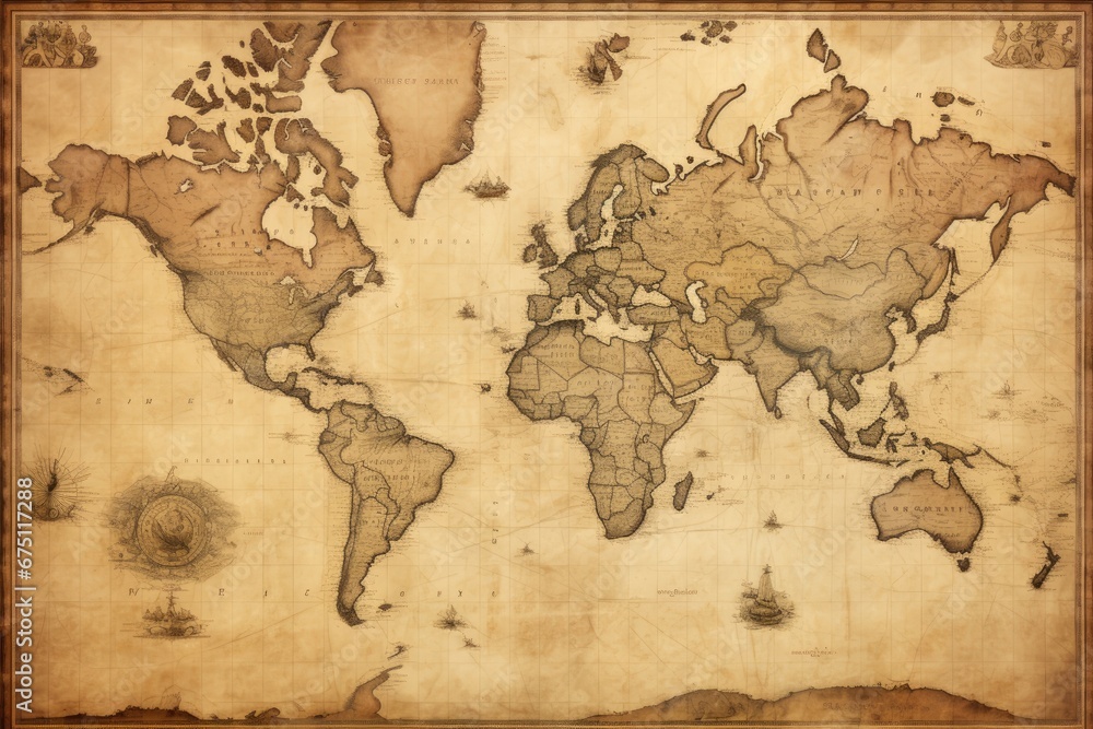 Naklejka premium old map of the world on a wooden background with grunge textures, Old Antique World Map on Mercators Projection, AI Generated