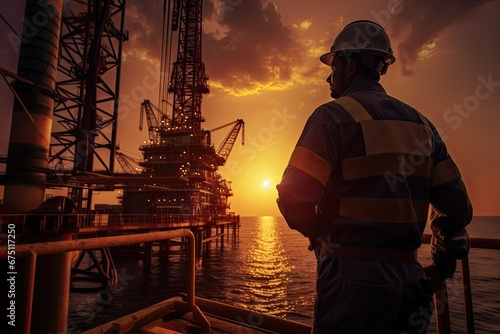 Oil and gas industry worker working onshore construction platform at sunset, Oil rig worker at sunset, AI Generated