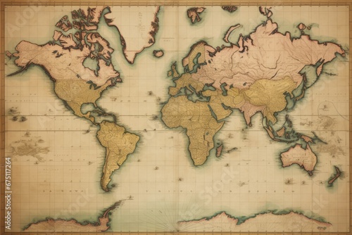 Old map of the world on a grunge paper background. Vintage style, Old Antique World Map on Mercators Projection, AI Generated