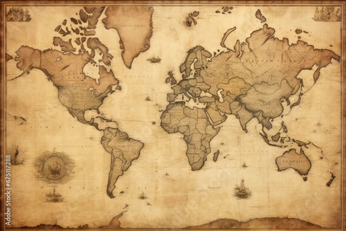 old map of the world on a wooden background with grunge textures, Old Antique World Map on Mercators Projection, AI Generated