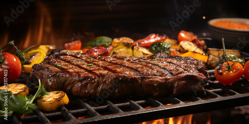 Juicy grilled steak and vegetables on hot grill.