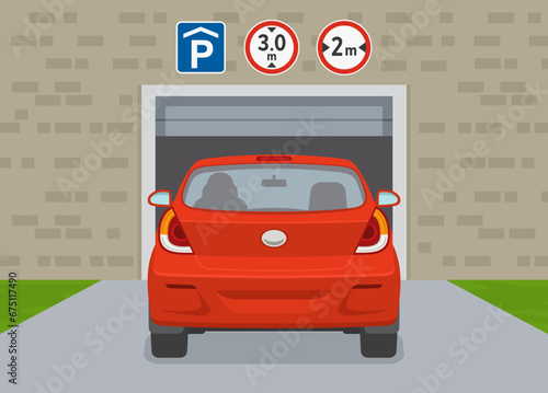 Safe driving tips and traffic regulation rules. Back view of a car entering parking garage with height and width limit signs. Flat vector illustration template.