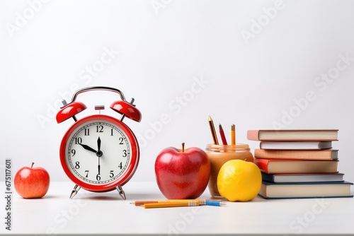 Back to school concept. Alarm clock, books, apple and pencils on white background, Orange alarm clock with red apple and school equipment. Back to school concept on white background , AI Generated