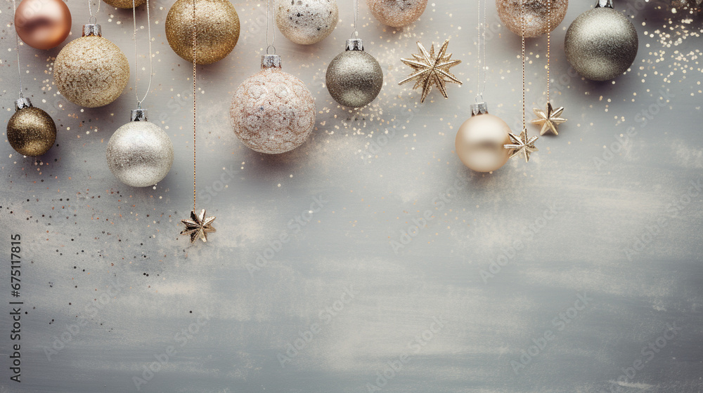 Obraz premium Stylish Christmas Ornaments Flat Lay with an Overhead View - Staged Against a Weathered Gray and Silver Background with Vintage, Grunge Effect - Xmas Holiday Concept with Copy Space