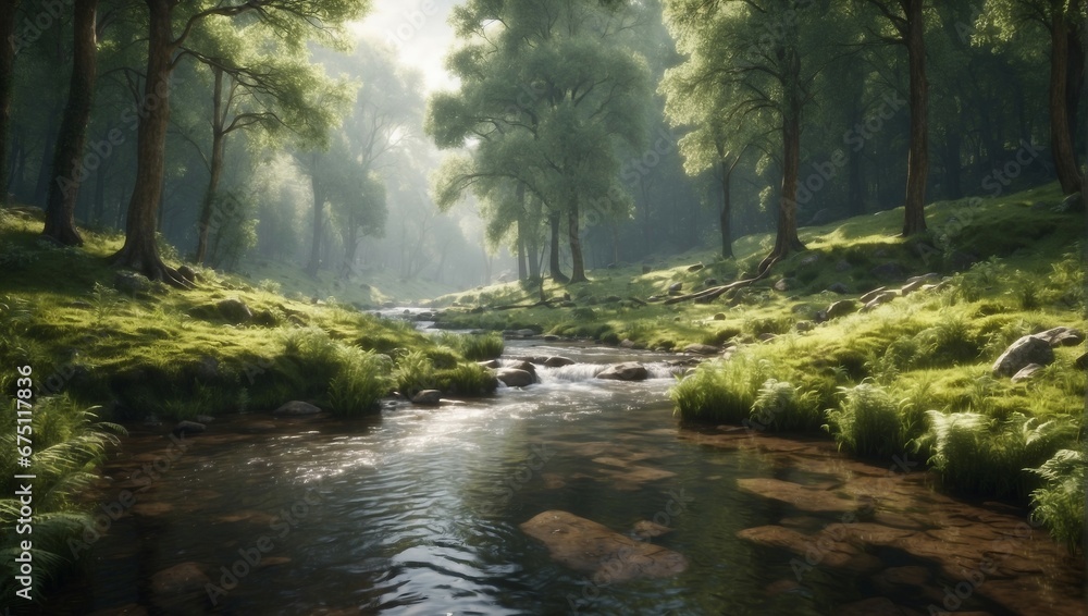 a stream running through a lush green forest
a stream running through a lush green forest
