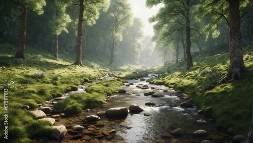 a stream running through a lush green forest 