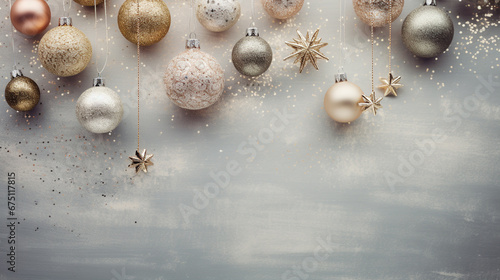 Stylish Christmas Ornaments Flat Lay with an Overhead View - Staged Against a Weathered Gray and Silver Background with Vintage, Grunge Effect - Xmas Holiday Concept with Copy Space
