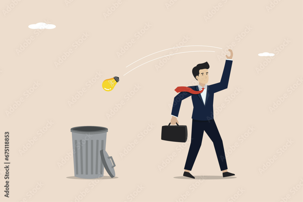 Unworkable ideas are discarded, business failures or too many project concepts are abandoned, frustrated entrepreneurs throw light bulb ideas into the trash ideas in the wastebasket.