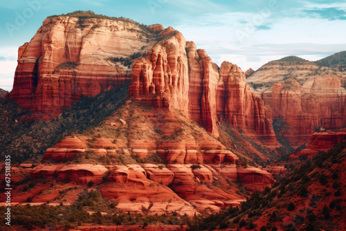 red rocks in sandstone mountain canyon at sunset with red rock formations