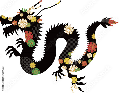 2024年賀状素材　龍のイラスト36　黒色と和柄と花の龍 © oatmealco