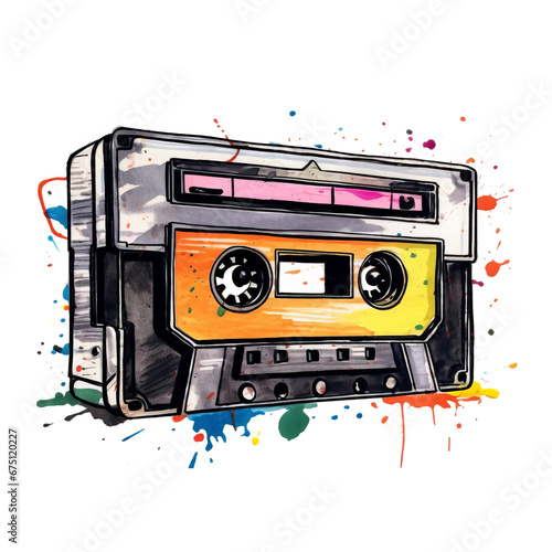 Retro black and white mixtape cartoon cell painting on transparent background