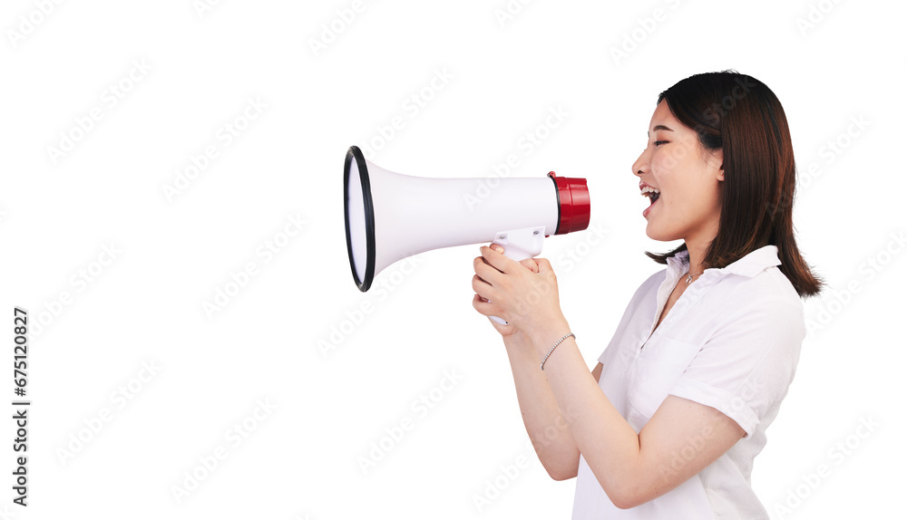 Woman, megaphone and voice in announcement to broadcast, advertising deal and breaking news. Asian person, speaker and microphone noise for promotion and isolated on transparent png background Woman, megaphone and voice in announcement to broadcast, advertising deal and breaking news. Asian person, speaker and microphone noise for promotion and isolated on transparent png background