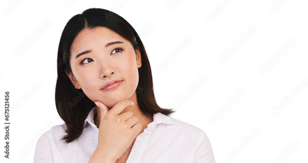 Woman, asian or thinking for decision in problem solving, idea or brainstorming for solution. Japanese model, emoji or contemplating in creative inspiration or isolated on transparent png background Woman, asian or thinking for decision in problem solving, idea or brainstorming for solution. Japanese model, emoji or contemplating in creative inspiration or isolated on transparent png background