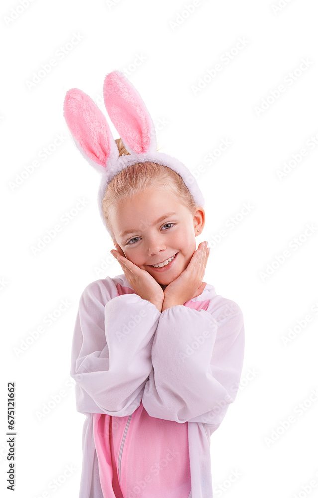 Bunny, outfit and portrait of girl child with costume on isolated, transparent or png background. Rabbit, outfit and face of cute kid with clothing for halloween, easter or theme birthday party