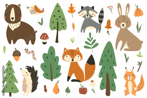 Vector illustration of cute woodland forest animals including deer, rabbit, hedgehog, bear, fox, bird and squirrel.