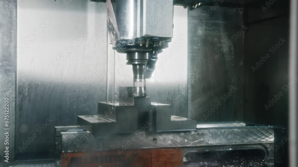 A CNC machine working on a peace of metal being cooled with water jets A CNC machine working on a peace of metal being cooled with water jets