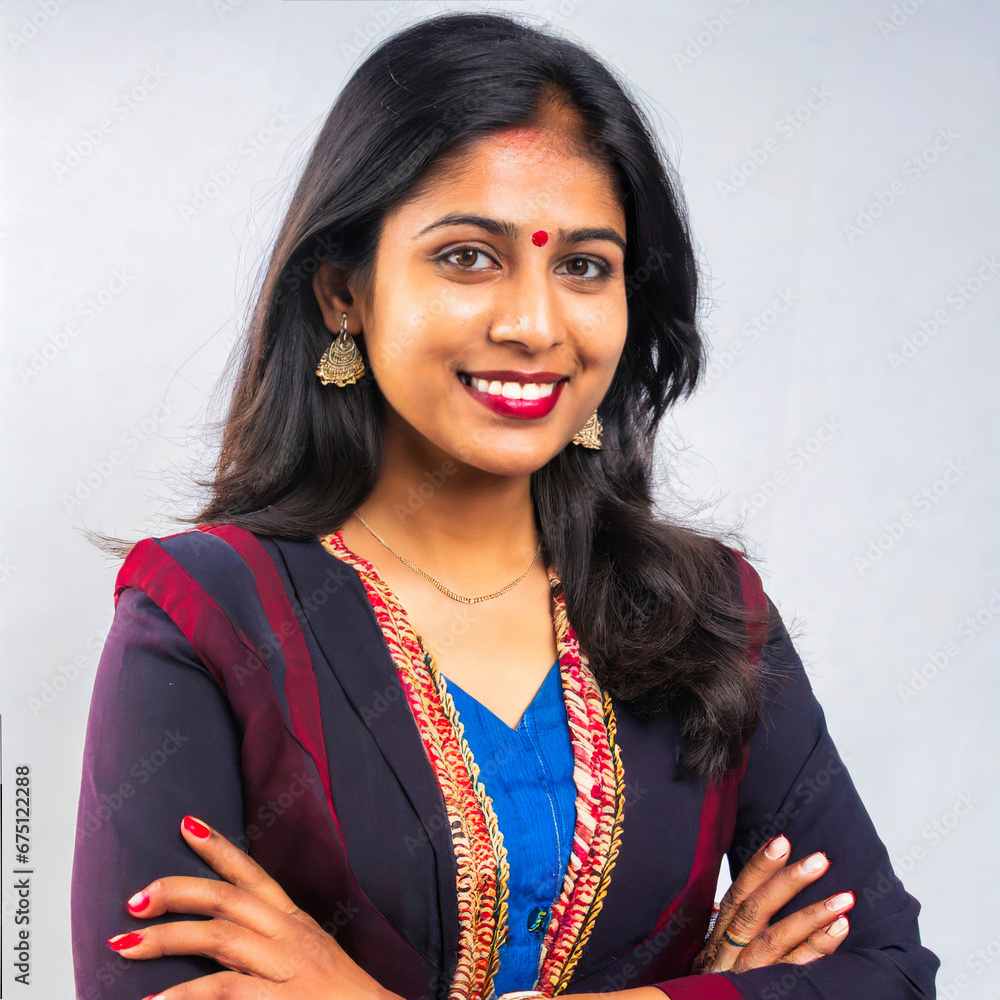 Foto de Portrait of an Indian women wearing traditional dress and bindi ...
