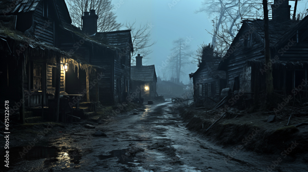 Abandoned village in the misty, foggy winter night. 3D rendering. Abandoned village in the misty, foggy winter night. 3D rendering.