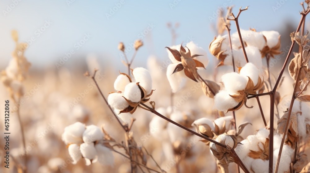 A blossoming organic white natural cotton plant in a sustainable field Scientific name: Gossypium A blossoming organic white natural cotton plant in a sustainable field Scientific name: Gossypium