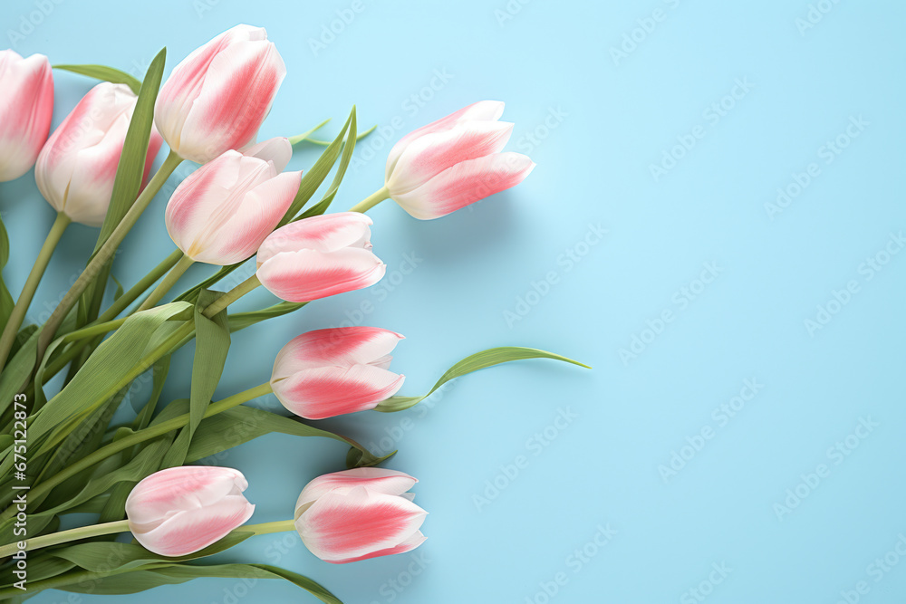Beautiful bouquet of pink tulips arranged on smooth blue surface. Perfect for spring or floral-themed designs. Beautiful bouquet of pink tulips arranged on smooth blue surface. Perfect for spring or floral-themed designs.