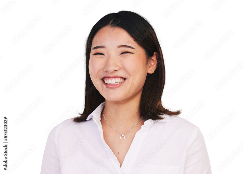 Woman, happy and confident portrait with positive attitude for young model for wellness. Asian person, face and smile face for gratitude with relax fashion and isolated on transparent png background Woman, happy and confident portrait with positive attitude for young model for wellness. Asian person, face and smile face for gratitude with relax fashion and isolated on transparent png background