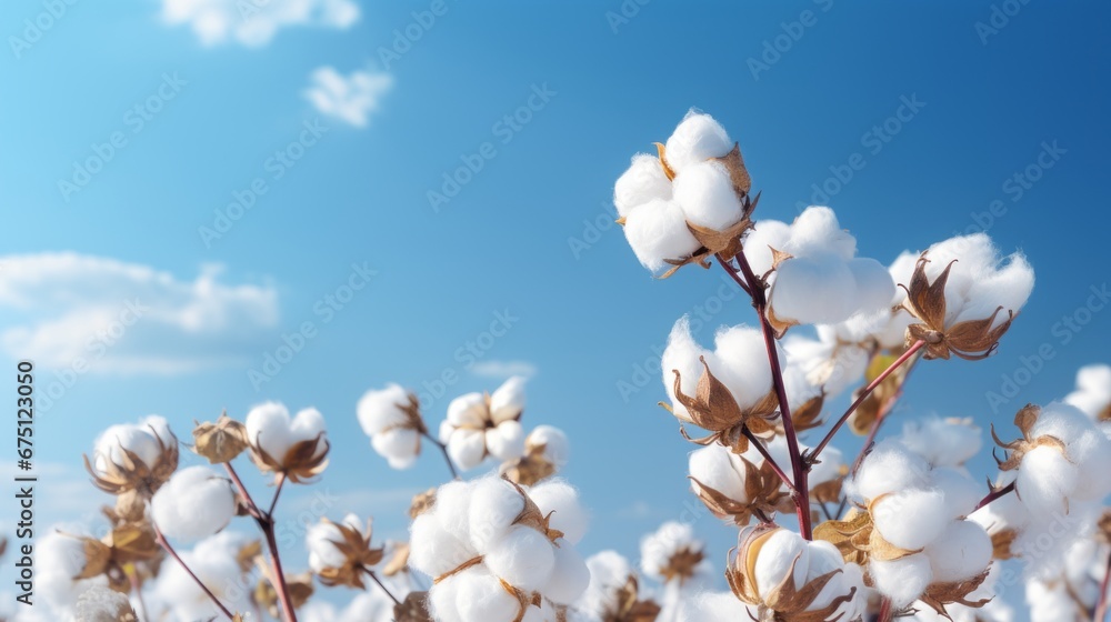 A blossoming organic white natural cotton plant in a sustainable field Scientific name: Gossypium - obrazy, fototapety, plakaty 