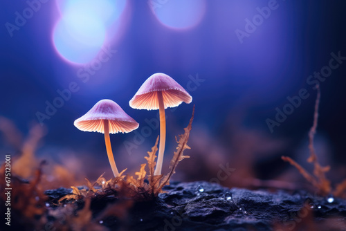 Group of mushrooms sitting on top of moss covered ground. This image can be used to depict nature, forest, fungi, or biodiversity.