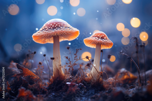 Couple of mushrooms standing in grass. This image can be used to depict nature, fungi, or outdoor scenes.