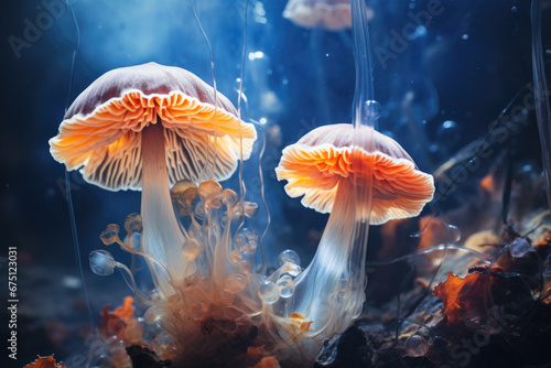 Group of jellyfishes floating on top of body of water. This image can be used to depict marine life or underwater ecosystems.