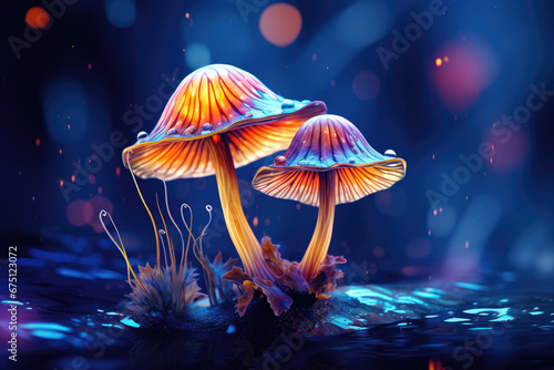 Couple of mushrooms sitting on top of body of water. This image can be used to depict beauty of nature and tranquility of peaceful environment.