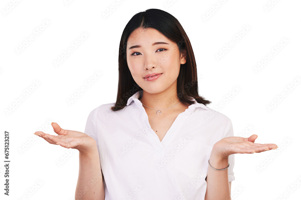 Woman, confused and portrait with doubt for decision, uncertain and question for unsure of options. Japanese model, choice and hands in young face on emoji and isolated on transparent png background Woman, confused and portrait with doubt for decision, uncertain and question for unsure of options. Japanese model, choice and hands in young face on emoji and isolated on transparent png background