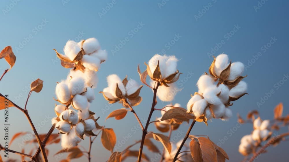 A blossoming organic white natural cotton plant in a sustainable field Scientific name: Gossypium A blossoming organic white natural cotton plant in a sustainable field Scientific name: Gossypium