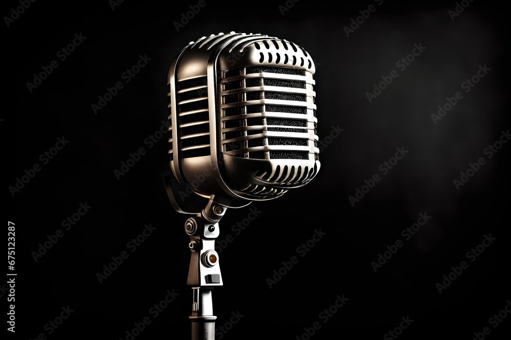 Naklejka premium vintage microphone on black background