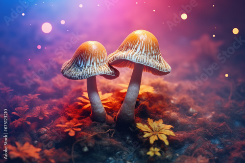 Couple of mushrooms sitting on top of pile of leaves. Perfect for nature enthusiasts or those looking for images of autumn scenes.