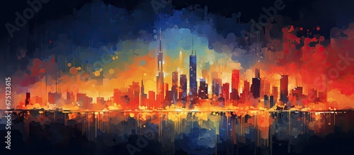 The abstract design in the background incorporates a vibrant pattern of colorful orange and blue hues bringing together elements of travel art and city life while the interplay of light and