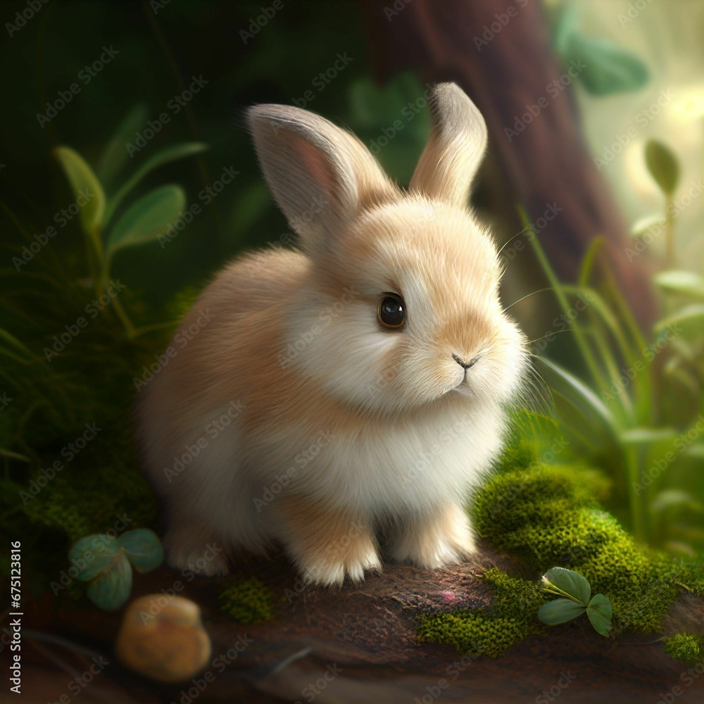 Fototapeta premium AI generated illustration of an adorable bunny in a forest with a blurry background