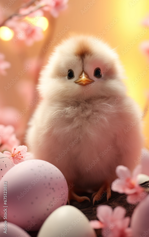 A serene chick standing amidst cherry blossoms, a picturesque scene of spring's gentle embrace