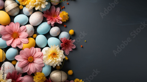 Vibrant Easter eggs nestled in a bed of flowers on a dark surface  evoking the festive spirit of the season