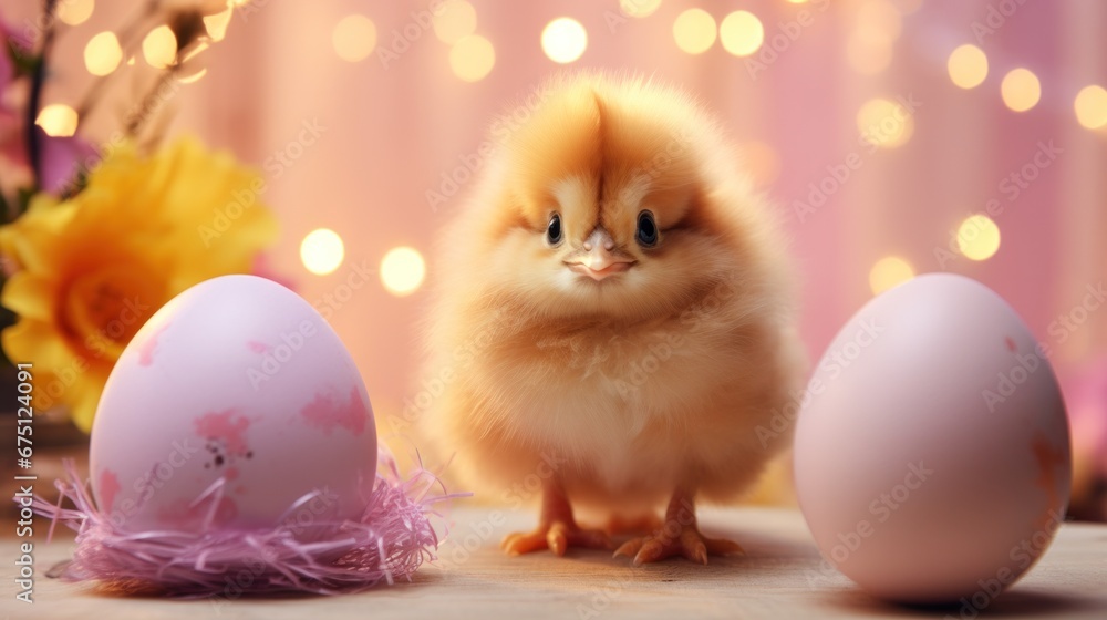 Chick with pastel Easter eggs and soft lights, a perfect image for spring celebrations and Easter greetings.