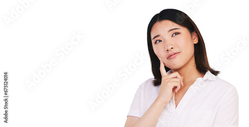 Woman, asian or thinking for solution in problem solving, idea or brainstorming for decision. Japanese model, emoji or contemplating in creative inspiration or isolated on transparent png background