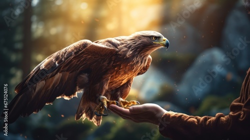 Eagle perches on man's arm background nature